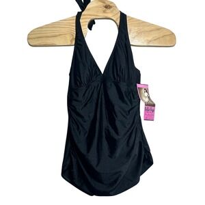 NEW Bettie Page Queen of Pinups Black Halter One Piece Swimsuit Ruched Size 14